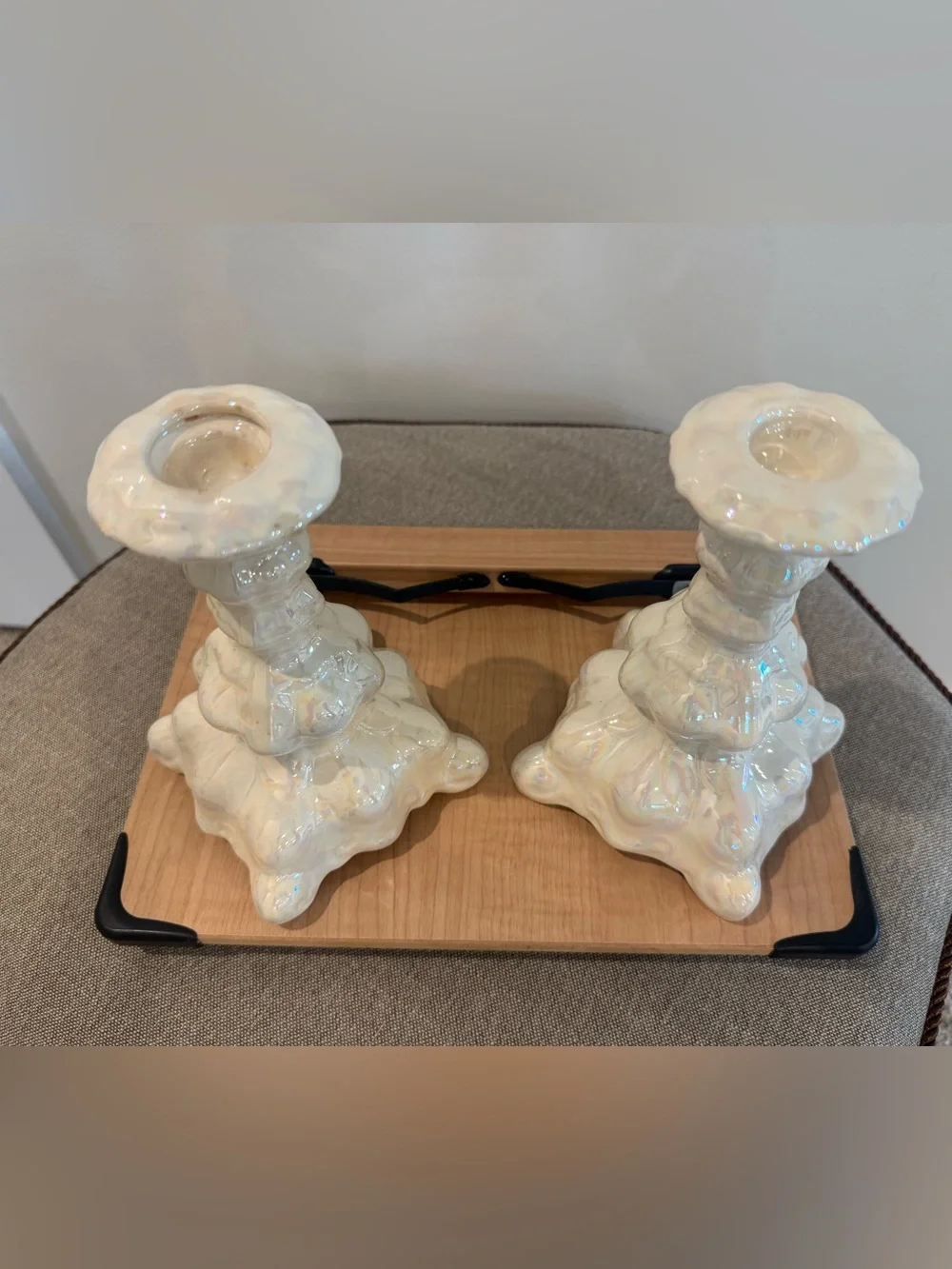 Vintage Iridescent Pearl Ceramic Candle Sticks – 6.5